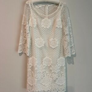 Kelly & Diane White Floral Lace Overlay 3/4 Bell Sleeve‎ Shift Dress Size 4